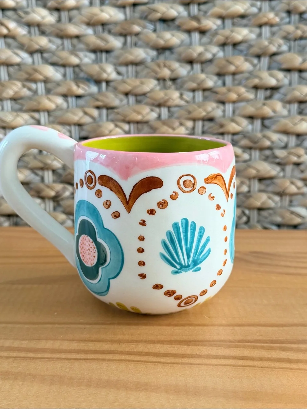 Retired ANTHROPOLOGIE Tropical Floral Seashell AGATA Mug Blue Pink Green